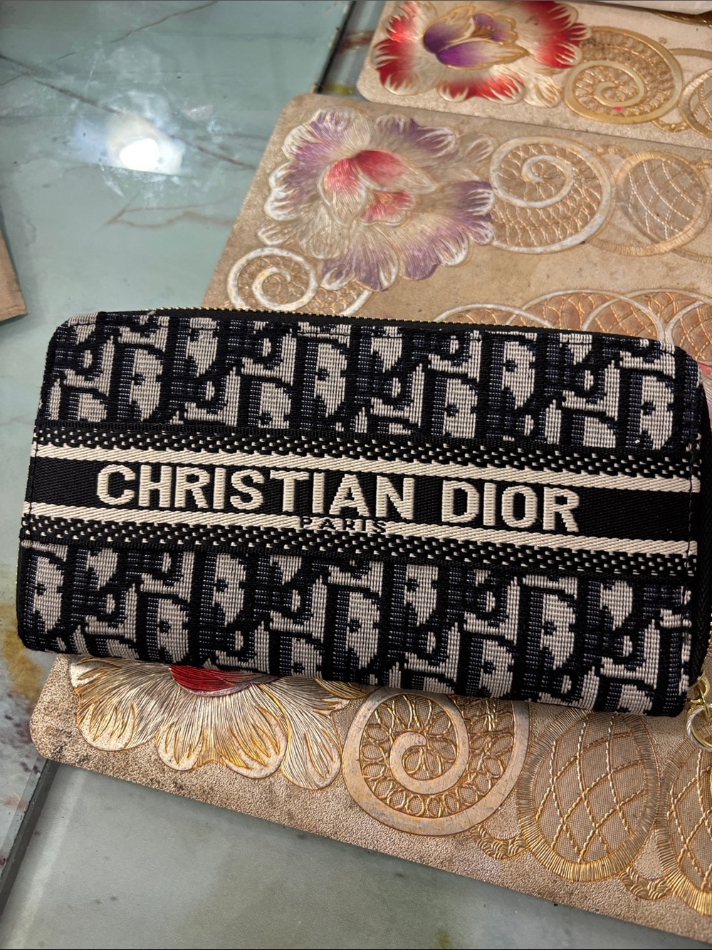 Source Unknown Black and Ivory Christian Dior Logo Jacquard Wallet